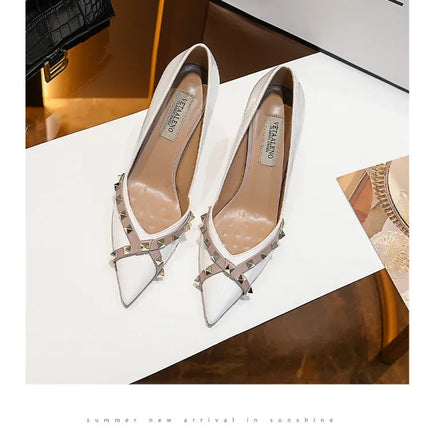 Nuovo 2025 Nail Head Tacchi alti Colore nudo Scarpe da lavoro professionali Donna Scarpe singole sexy Occasioni casual Materiale in micro fibra platinumshop