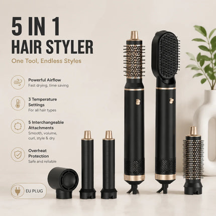 Multi-Functional 5-in-1 Hair Dryer Styler Hot Air Brush Detachable Round Paddle Comb Straighten And Curl Hair Home Styling Tool