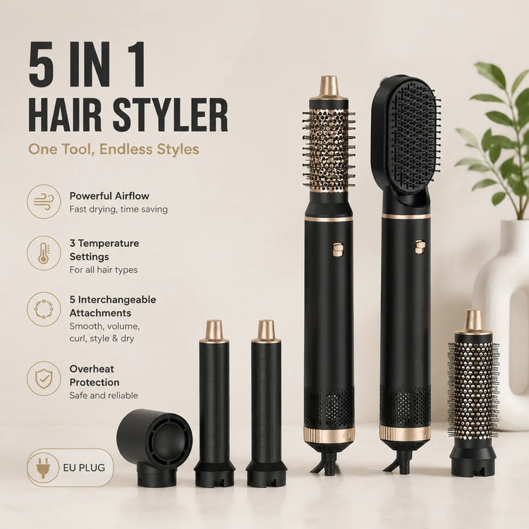 Multi-Functional 5-in-1 Hair Dryer Styler Hot Air Brush Detachable Round Paddle Comb Straighten And Curl Hair Home Styling Tool