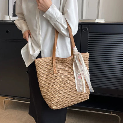 Large Capacity Summer Tote Bag, Women's Hand-Woven Shoulder Bag, Fresh Rural Style