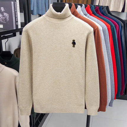High-End Man Spring Long-Sleeved Knitwear Bear Print High Neck Hot Pullover Versatile Trend Leisure Warm Sweater Men's Clothing