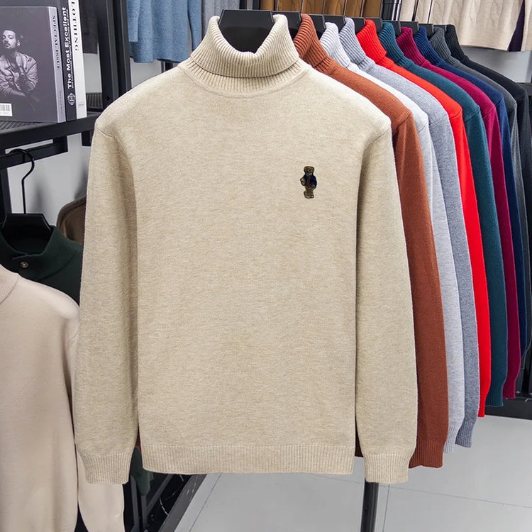 High-End Man Spring Long-Sleeved Knitwear Bear Print High Neck Hot Pullover Versatile Trend Leisure Warm Sweater Men's Clothing