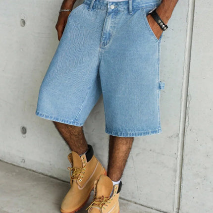 Pantaloncini in Denim Utility a Gamba Larga Blu Chiaro da Uomo per l'Estate