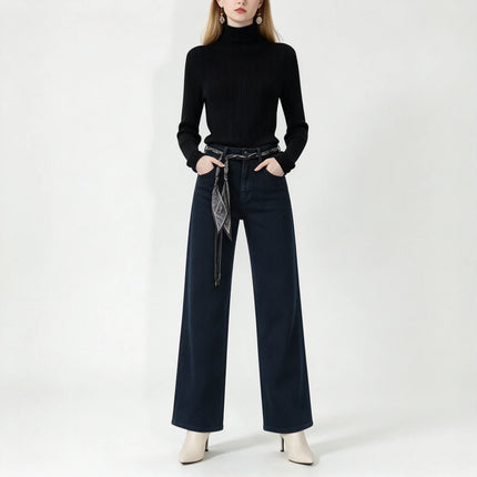 Women’s high-waisted, wide-leg jeans in dark blue raw denim; elegant, casual-style wide-leg trousers with a relaxed fit, perfect for the casual office and versatile everyday looks FX-1338-7