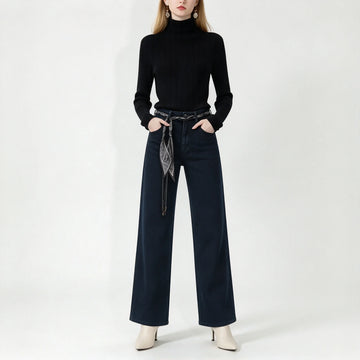 Women’s high-waisted, wide-leg jeans in dark blue raw denim; elegant, casual-style wide-leg trousers with a relaxed fit, perfect for the casual office and versatile everyday looks FX-1338-7