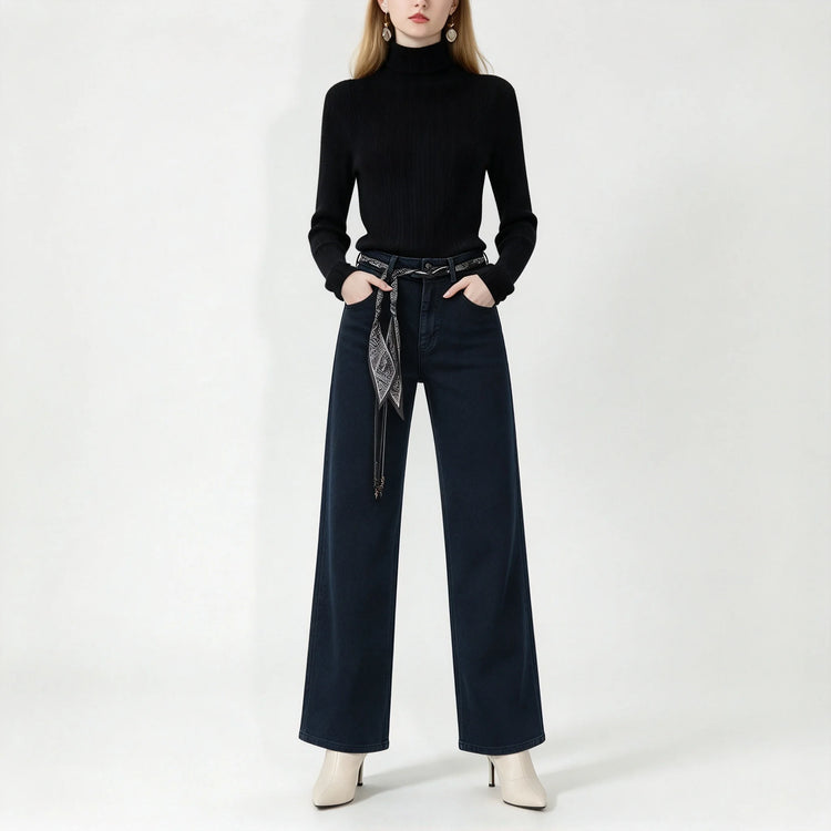 Women’s high-waisted, wide-leg jeans in dark blue raw denim; elegant, casual-style wide-leg trousers with a relaxed fit, perfect for the casual office and versatile everyday looks FX-1338-7
