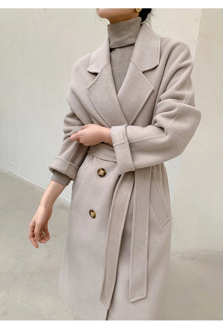 Ladies' 100% Cashmere Thick Double-Sided Extended Coat, Classic, Versatile and Fashionable for Business and Leisure