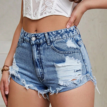 Women's High Rise Light Wash Destroyed Denim Shorts Casual Jeans Summer Fashion Must-Havefor Teen Girls Ripped Hem Jean Hotpants PlatiNum
