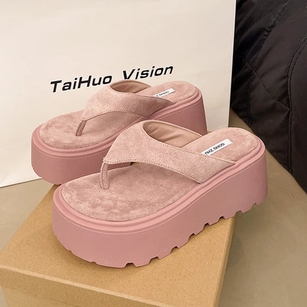 Pantofole da esterno con zeppa Infradito estive da donna con fondo spesso Infradito da spiaggia per il tempo libero a vita alta da esterno in pelle scamosciata