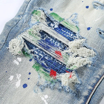 Street Fashion Men Jeans Retro Light Blue Stretch Skinny Fit Patched Ripped Jeans Men Painted Designer Brand Hip Hop Denim Pants PlatiNum