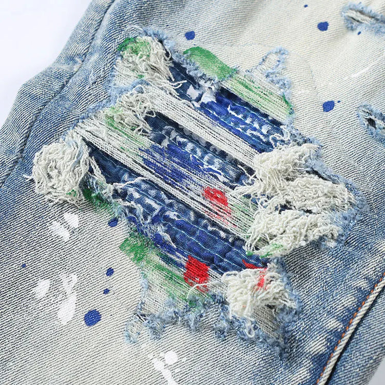 Street Fashion Men Jeans Retro Light Blue Stretch Skinny Fit Patched Ripped Jeans Men Painted Designer Brand Hip Hop Denim Pants PlatiNum