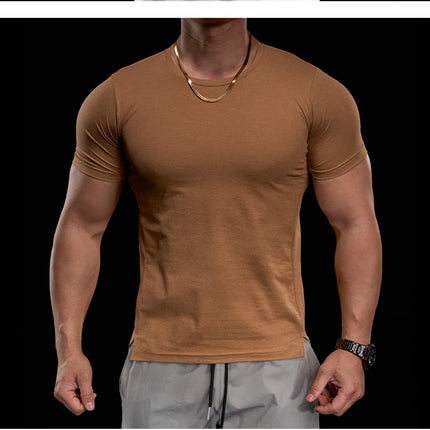 Men's gym fitness workout clothing slim fit short sleeve breathable high elasticity sports T-shirt, running sports