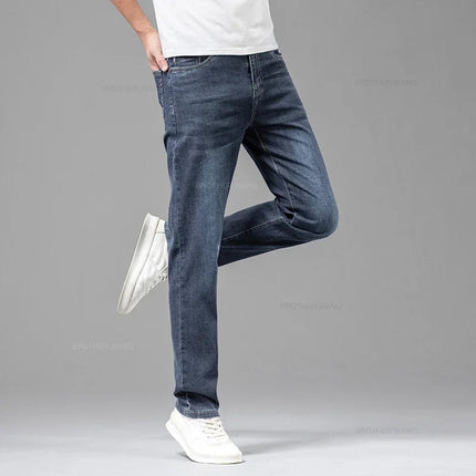 Summer Thin Men's Elastic Cotton Jeans Fashion Gray Comfortable Business Straight Casual Pants Brand Male Clothes Trousers PlatiNum