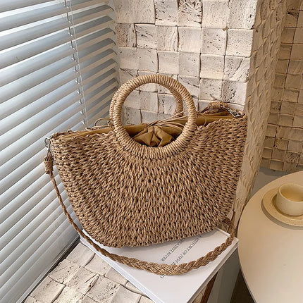 Borse in paglia intrecciata per donna Borsa da viaggio fatta a mano al mare Borsa da spiaggia estiva Nuova borsa a secchiello con manico Shopping Tote Bag Basket Bolsa