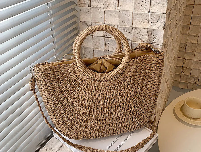 Borse in paglia intrecciata per donna Borsa da viaggio fatta a mano al mare Borsa da spiaggia estiva Nuova borsa a secchiello con manico Shopping Tote Bag Basket Bolsa