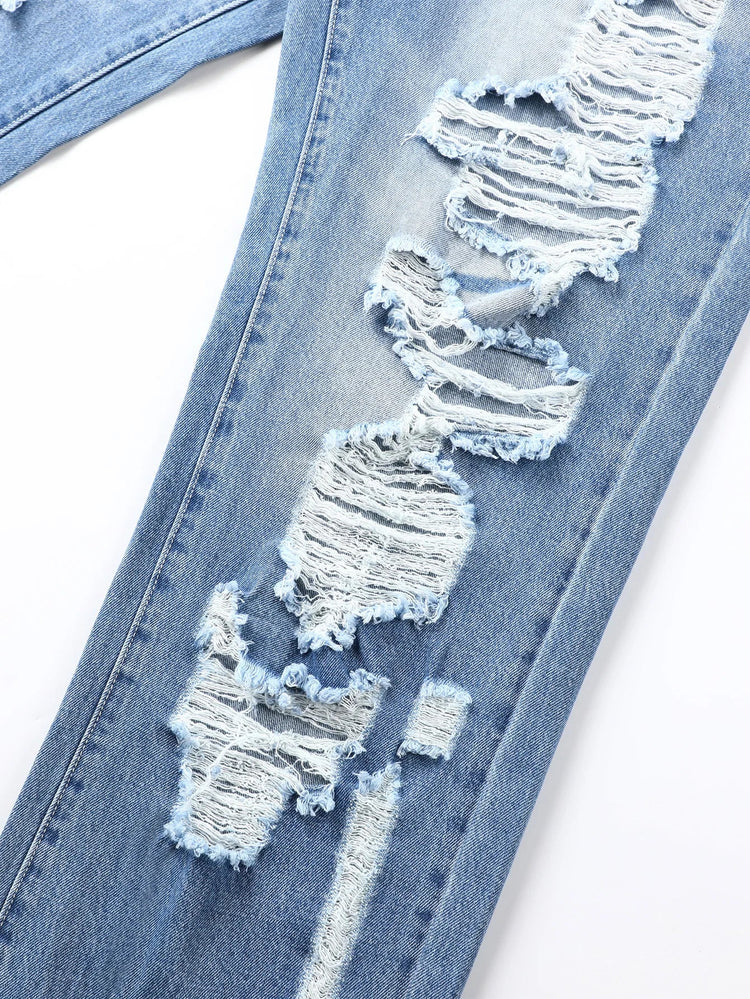 Men's Ripped Baggy Jeans Loose Fit Distressed Denim Pants Light Wash Y2K Streetwear Wide Leg Style PlatiNum