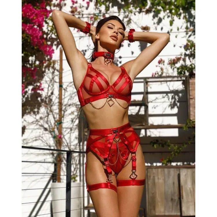 Toucheart Erotic Underwear Mesh See-through Patchwork Metal Chain Hot Girls Sexy Seductive Coquette Nightclub Party Dance Suit