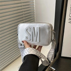 Chic SM Letter Camera Bags, Stylish Women’s Crossbody Small Square Purses with Wide Patterned Straps, Perfect for Daily Casual PlatiNum