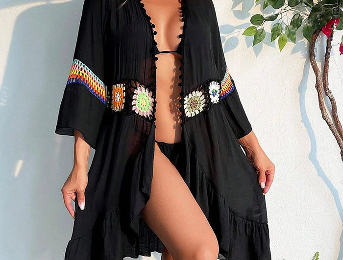 Costume da bagno estivo bohémien lavorato a maglia con fiori Kimono Cardigan con volant sull'orlo Copricostume con scollo a V Costume da bagno copricostume floreale all'uncinetto platinumshop