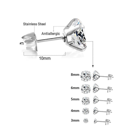 LUXUSTEEL 2Pcs Men's Crystal Zircon Studs Earrings For Women 316L Stainless Steel Cartilage Piercing Ear Anti Allergic 3-8mm PlatiNum