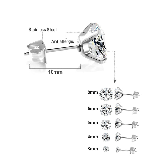 LUXUSTEEL 2Pcs Men's Crystal Zircon Studs Earrings For Women 316L Stainless Steel Cartilage Piercing Ear Anti Allergic 3-8mm PlatiNum