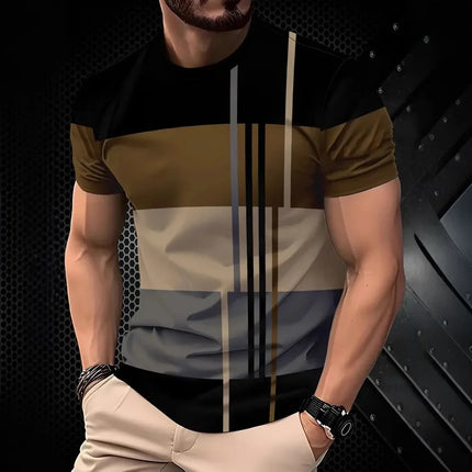 Men's Summer T-shirts 2026, 3D Striped Print, Designer, Oversized Short Sleeve Streetwear, Casual Sports Tops for Everyday Wear