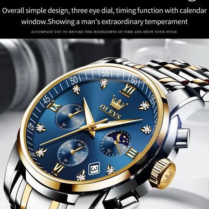 OLEVS 2858 Orologio da Uomo in Acciaio Inossidabile, Impermeabile, Antigraffio, con Fasi Lunari, Luminoso, Cronografo, Orologio da Polso al Quarzo di Lusso platinumshop