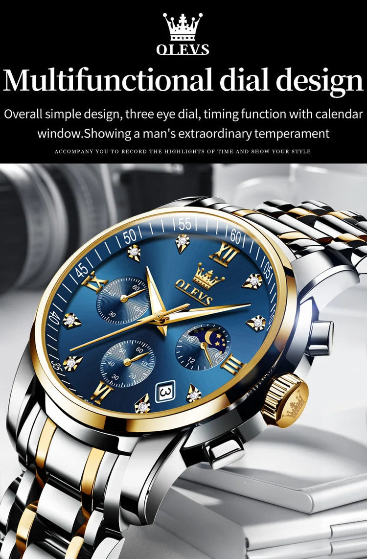 OLEVS 2858 Orologio da Uomo in Acciaio Inossidabile, Impermeabile, Antigraffio, con Fasi Lunari, Luminoso, Cronografo, Orologio da Polso al Quarzo di Lusso platinumshop