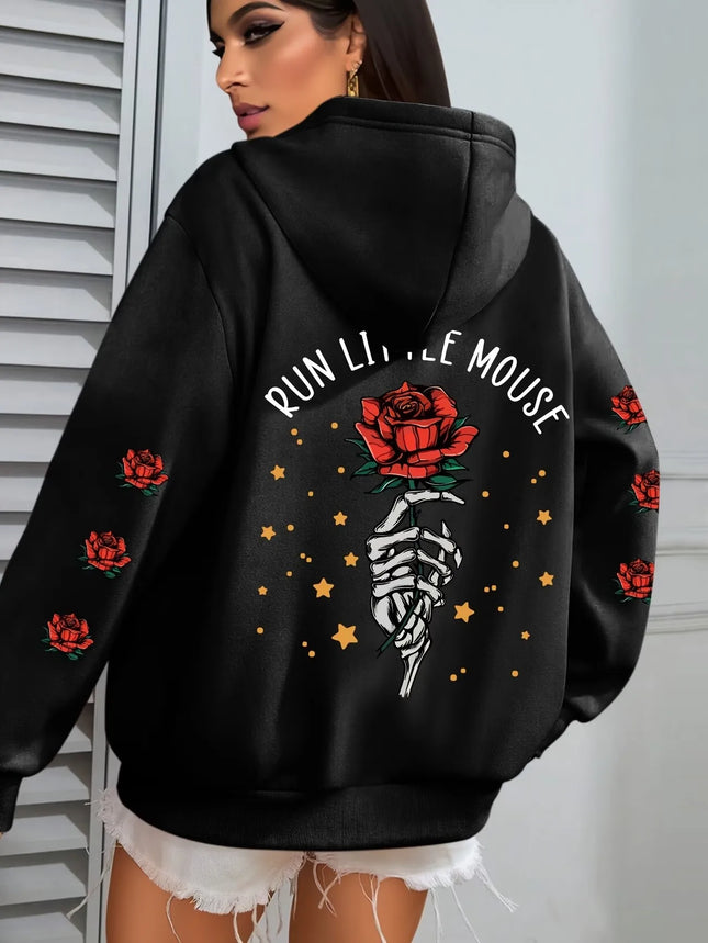 Vintage Rose Print Hoodies 90s Autumn Winter Y2k Chic Casual Hoodies Harajuku Sweatshirts Tops Hoodie Sweatshirt