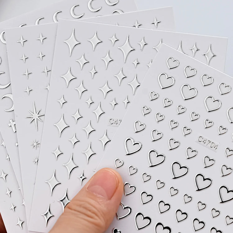 6Pcs/Set Metal Silver Star/Heart/Moon 3D Nail Art Stickers 8*10cm Hollow Love/Cross Self-Adhesive Slider Luxury Manicure Decals