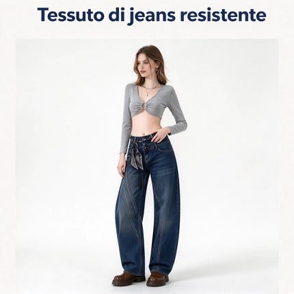 Women’s High-Waisted, Wide-Leg, Curved-Fit Jeans with Matching Scarf Belt Included, Vintage-Wash Blue Denim with Diagonal Stitching, Casual Retro-Style Trousers for Everyday Wear  FX-5380-1