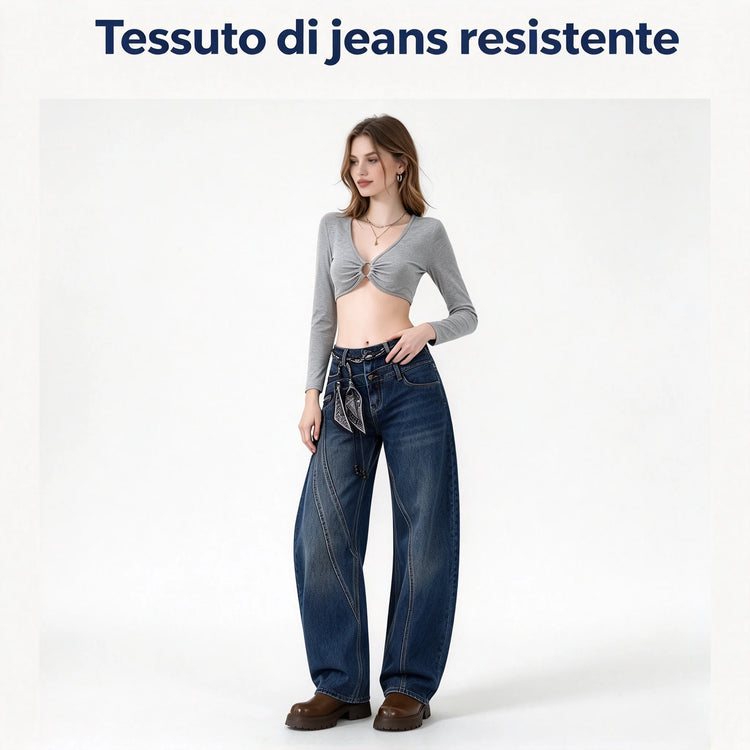 Women’s High-Waisted, Wide-Leg, Curved-Fit Jeans with Matching Scarf Belt Included, Vintage-Wash Blue Denim with Diagonal Stitching, Casual Retro-Style Trousers for Everyday Wear  FX-5380-1