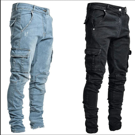 2025 New Men Street Elastic Denim Brand Jeans Narrow Legs Multi Pockets Cargo Pants Casual Slim Fit Daily Wear Joggers Mid Waist PlatiNum
