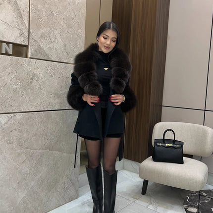 Solid Color Faux Fur Collar Cuff Wool Coat Women Belted Waist Short Jacket 2026 Winter Lady Street Daily Party Casual Outwear