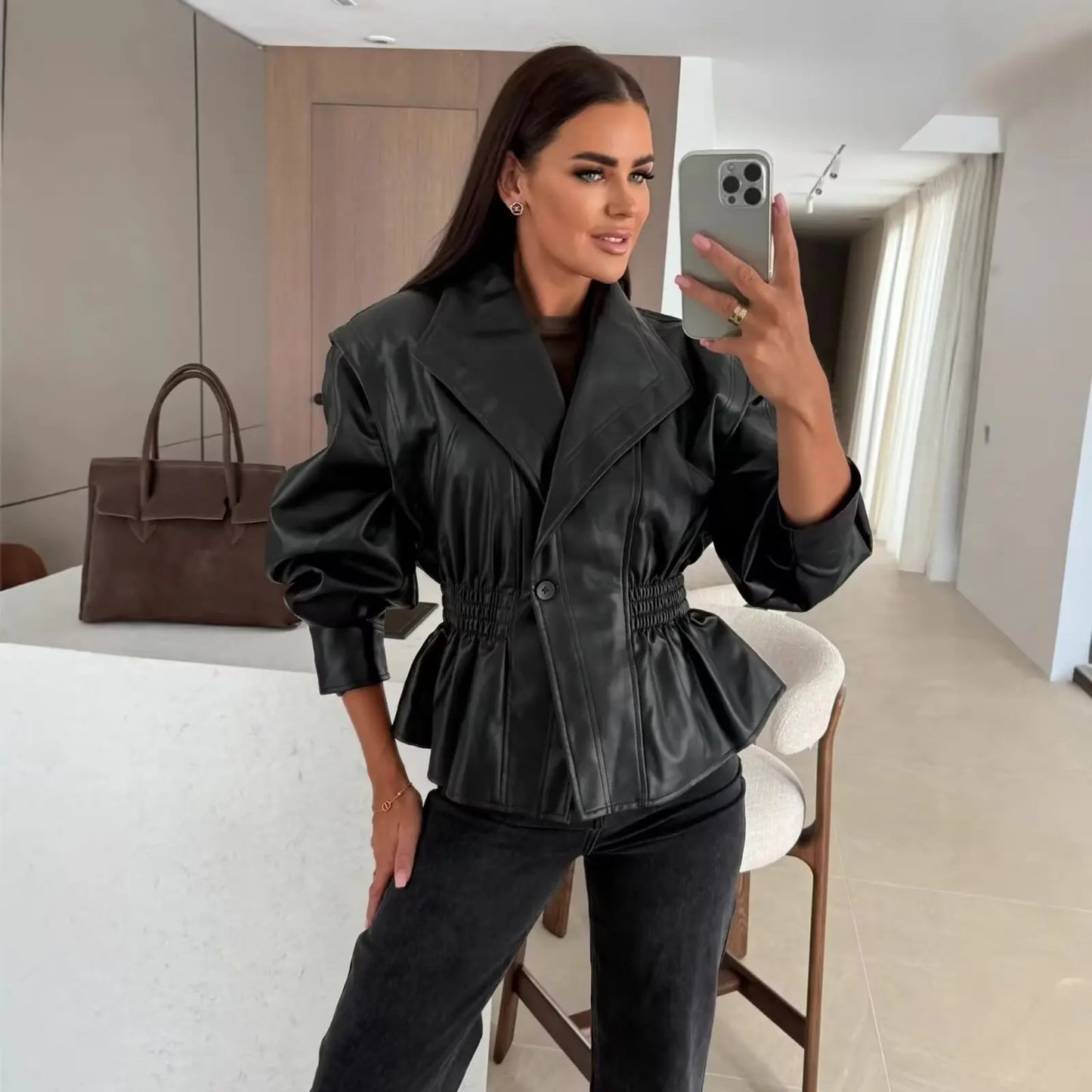 Vintage Elastic Waist Cinching Brwon Leather Jacket Women Casual Lapel Zipper Pu Coat Lady Autumn Outdoors Highstreet Outwear