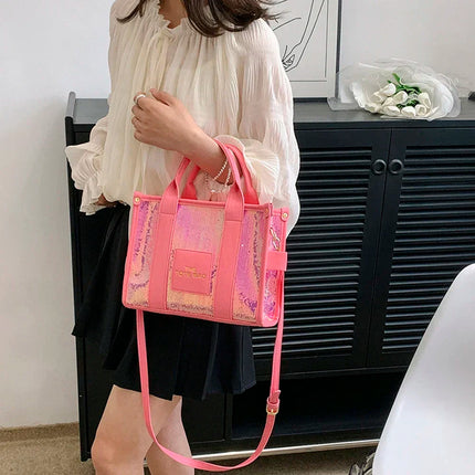 Sequins Top-Handle Bags Fashion PU Leather Shoulder Bag Large Capacity Travel Handbag Women Trendy Casual Satchel Tote Purse PlatiNum