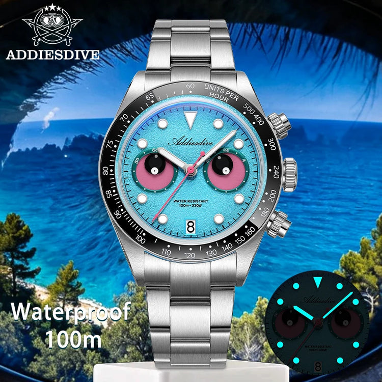 ADDIESDIVE New Men Watch AD2557 Luxury Chronograph VK64 Quartz Wristwatch Ceramic Bezel Luminous Dive 100m Waterproof 40mm Watch