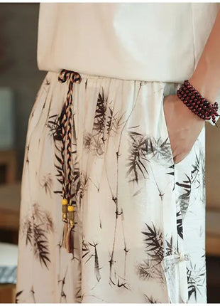 2024 pantaloni Casual da uomo con motivo a foglia di bambù in stile cinese tendenza moda pantaloni a