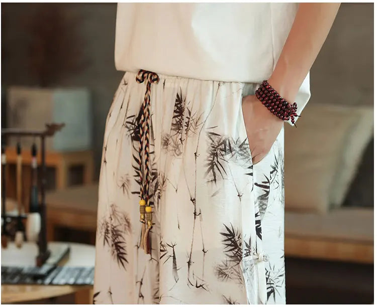 2024 pantaloni Casual da uomo con motivo a foglia di bambù in stile cinese tendenza moda pantaloni a