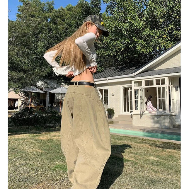 HOUZHOU Y2K Vintage Wash Donna Cargo Jeans Harajuku Scimitar Gamba larga Pantaloni in denim retrò americani Pantaloni larghi Gyaru Streetwear