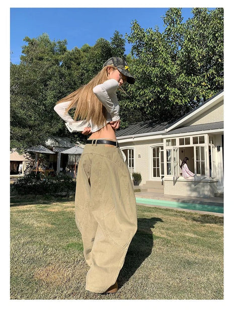 HOUZHOU Y2K Vintage Wash Women's Cargo Jeans Harajuku Scimitar Wide Leg American Retro Denim Pants Loose Gyaru Streetwear