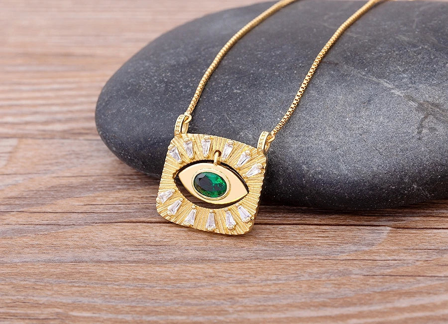 AIBEF Nuovo design creativo Zircone dorato Turco Evil Eye Collana con ciondolo quadrato Collana da donna Hip Hop Street Jewelry Party Regalo fortunato