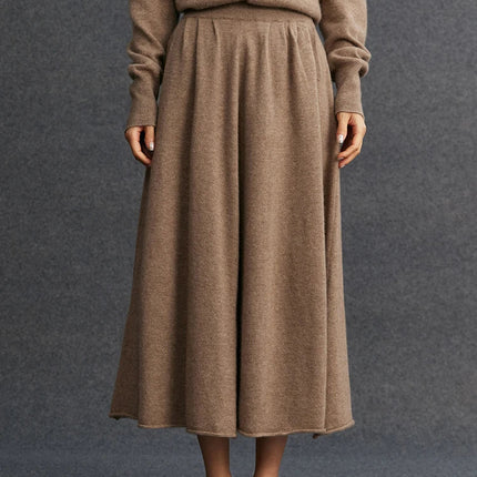 New Women's 100% Pure Cashmere Knitted Full Skirt Autumn Winter High Waisted Mid-calf Ankle-Length Soild Dress Versatile Elegant PlatiNum
