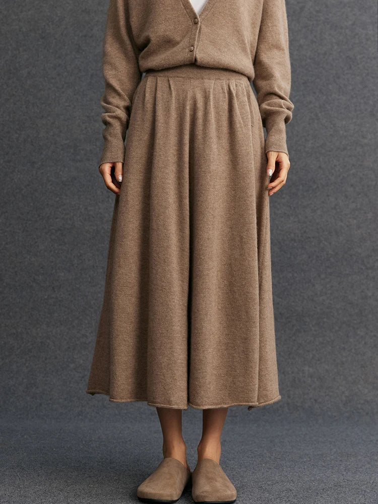 New Women's 100% Pure Cashmere Knitted Full Skirt Autumn Winter High Waisted Mid-calf Ankle-Length Soild Dress Versatile Elegant PlatiNum