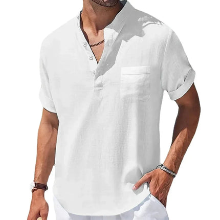 New Men's Henley Collar Casual Shirts Solid Color Short Sleeve Cotton Linen Summer Shirt Loose Breathable Beach T-shirts