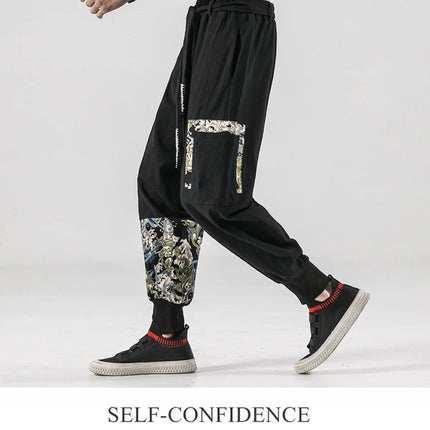 Pantaloni da uomo Costume da samurai giapponese Ukiyo-e Cintura con stampa Pantaloni stile harem da uomo in cotone e lino Pantaloni casual Harajuku da uomo Taglie forti 5XL