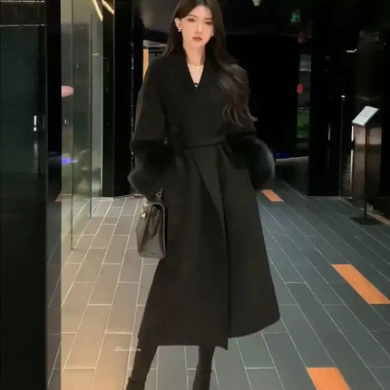 Lace Up Lapel Cashmere Wool Coat For Women's Winter Fashion Female Woolen Jackets Fur Long Sleeve Loose Overcoats