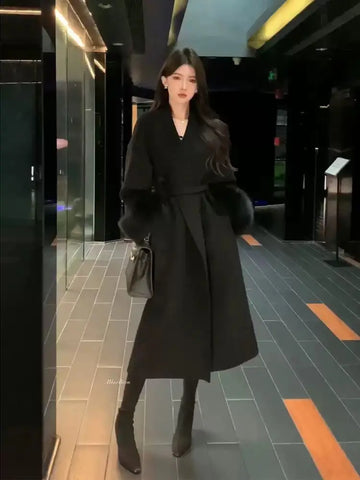 Lace Up Lapel Cashmere Wool Coat For Women's Winter Fashion Female Woolen Jackets Fur Long Sleeve Loose Overcoats