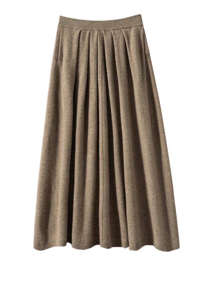 Women's Cashmere Umbrella Skirts Autumn Winter Basic Office Lady Classics 100% Cashmere Knitted A-Line High Waist Pockets Dress PlatiNum