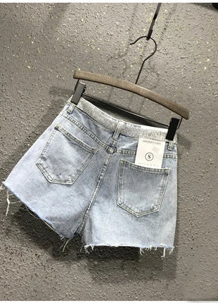Pantaloncini di jeans bianchi blu irregolari strappati con nappe con strass a vita alta da donna estivi Pantaloncini di jeans coreani da donna